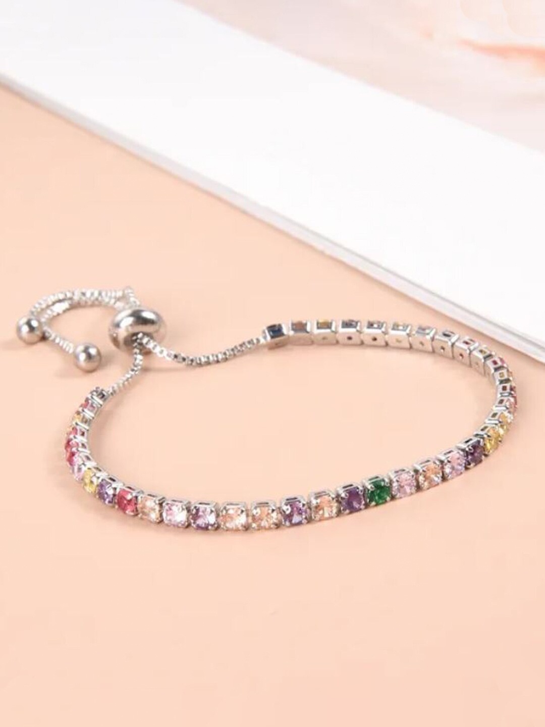 

Jewels Galaxy Brass Cubic Zirconia Studded Silver-Plated Wraparound Bracelet