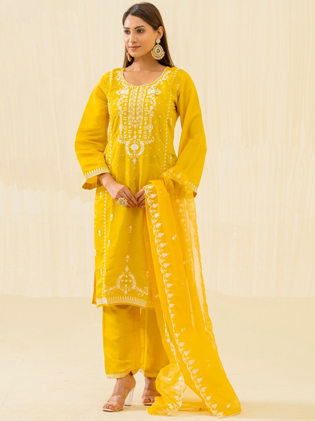

House of Pataudi Floral Embroidered Straight Kurta & Trouser With Dupatta, Yellow