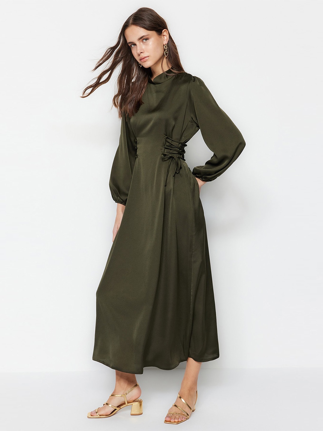 

Trendyol High Neck Puff Sleeves Tie Ups A-Line Midi Dress, Khaki