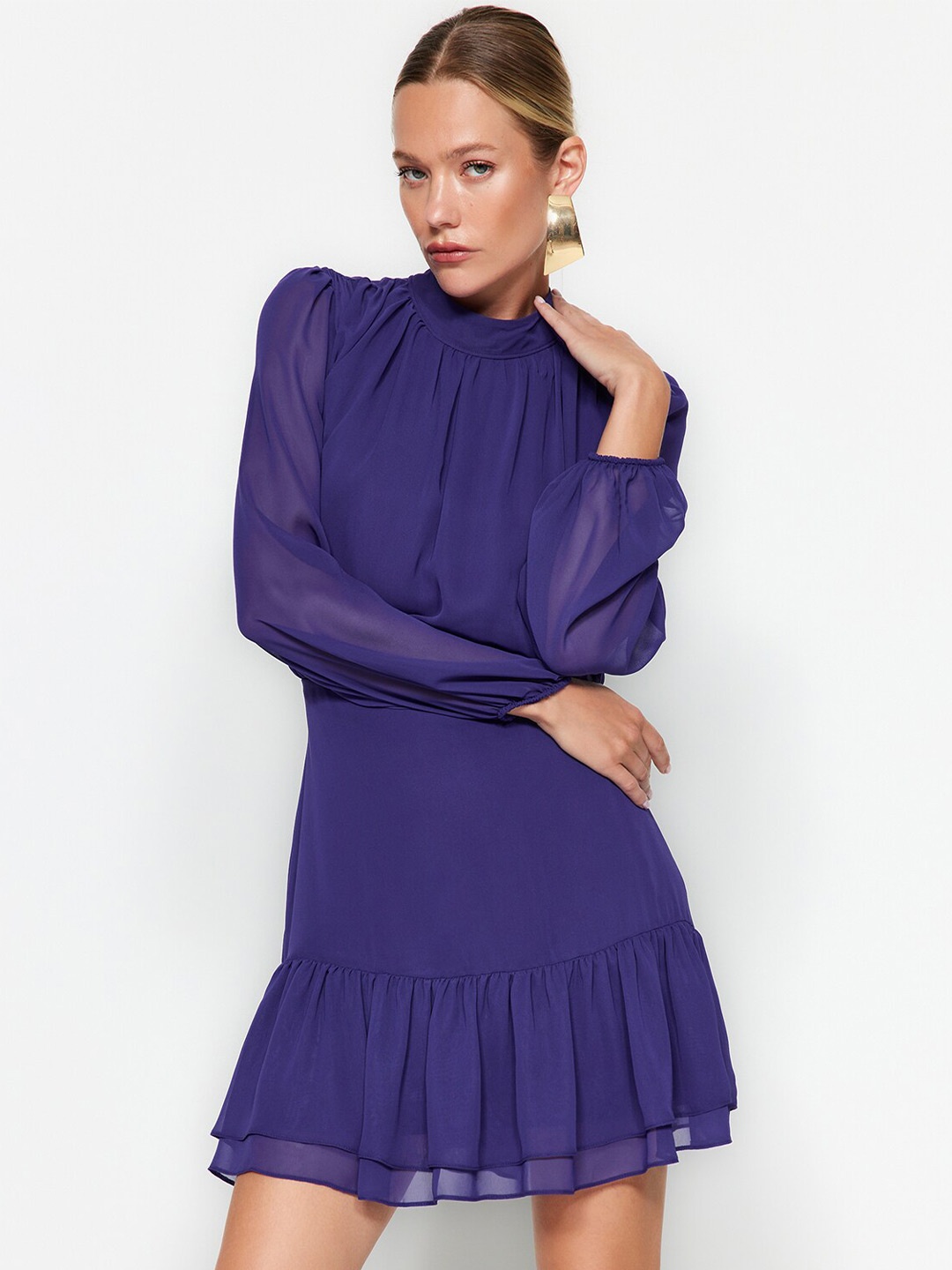 

Trendyol High Neck Puff Sleeves Blouson Dress, Purple