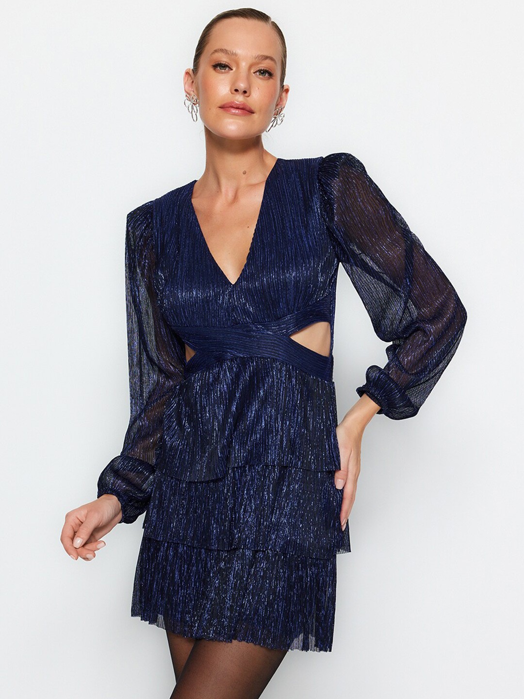 

Trendyol Striped V-Neck Cut-Outs Layered Fit & Flare Dress, Navy blue