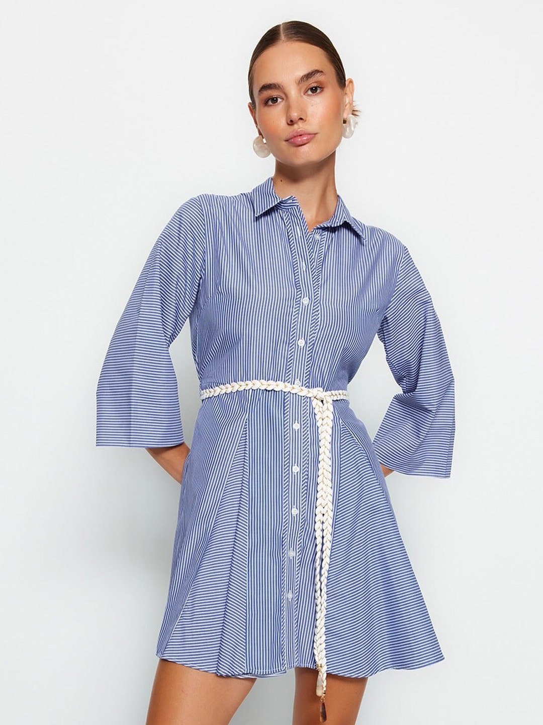 

Trendyol Striped Belted Shirt Dress, Blue