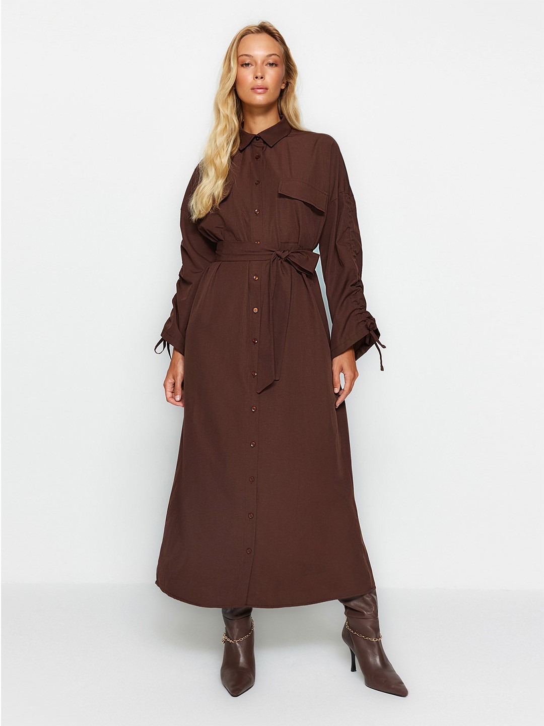 

Trendyol Shirt Collar Shirt Style Midi Dress, Brown