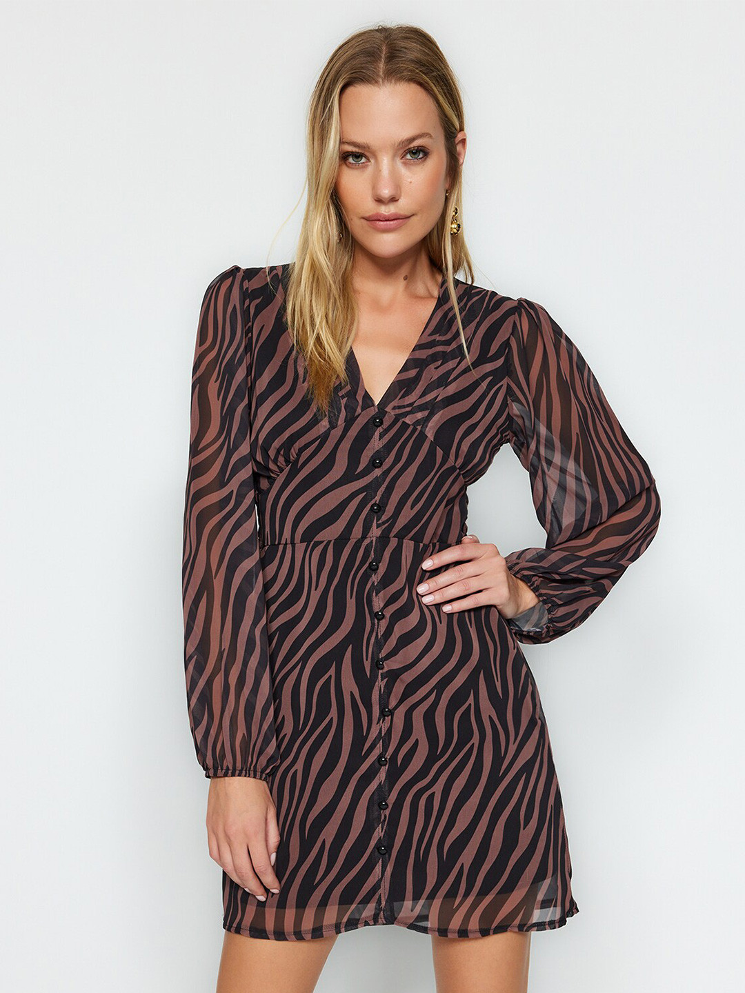 

Trendyol Animal Printed V-Neck Puff Sleeves Fit & Flare Mini Dress, Brown