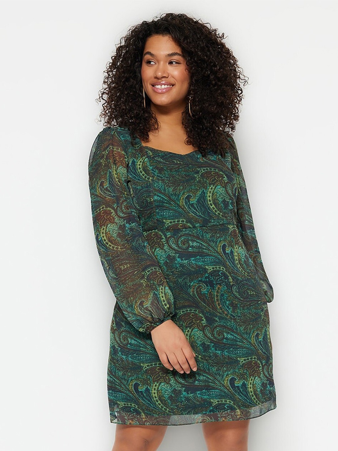 

Trendyol Floral Printed Puff Sleeve A-Line Dress, Green