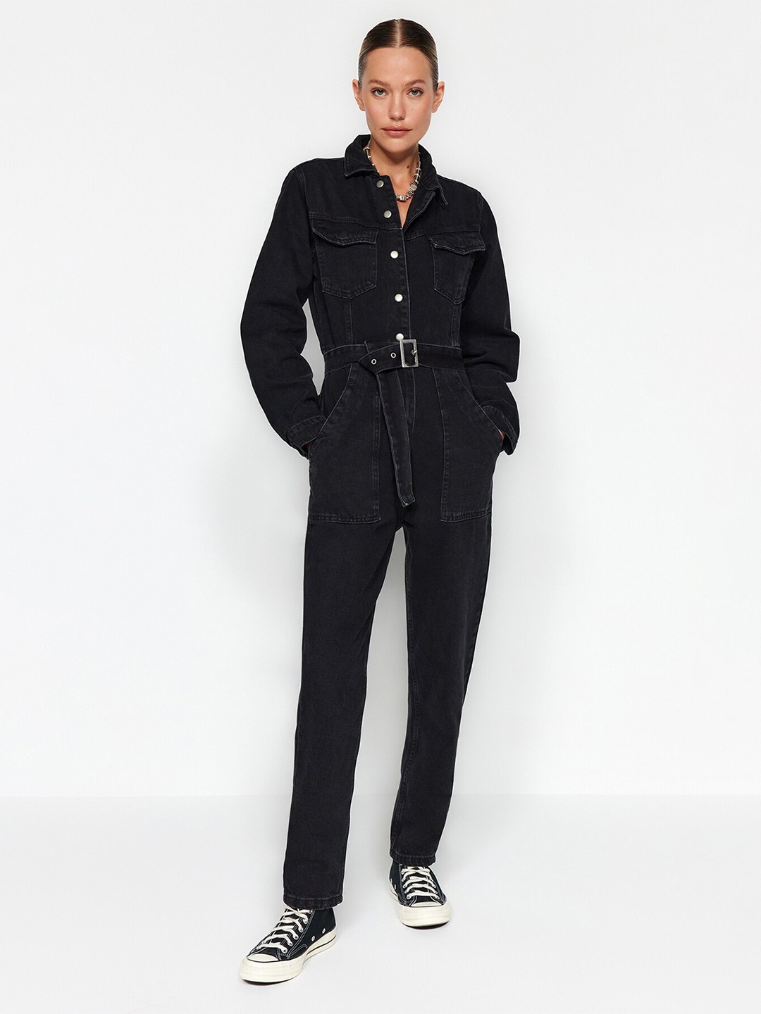 

Trendyol Shirt Collar Pure Cotton Basic Jumpsuit, Black