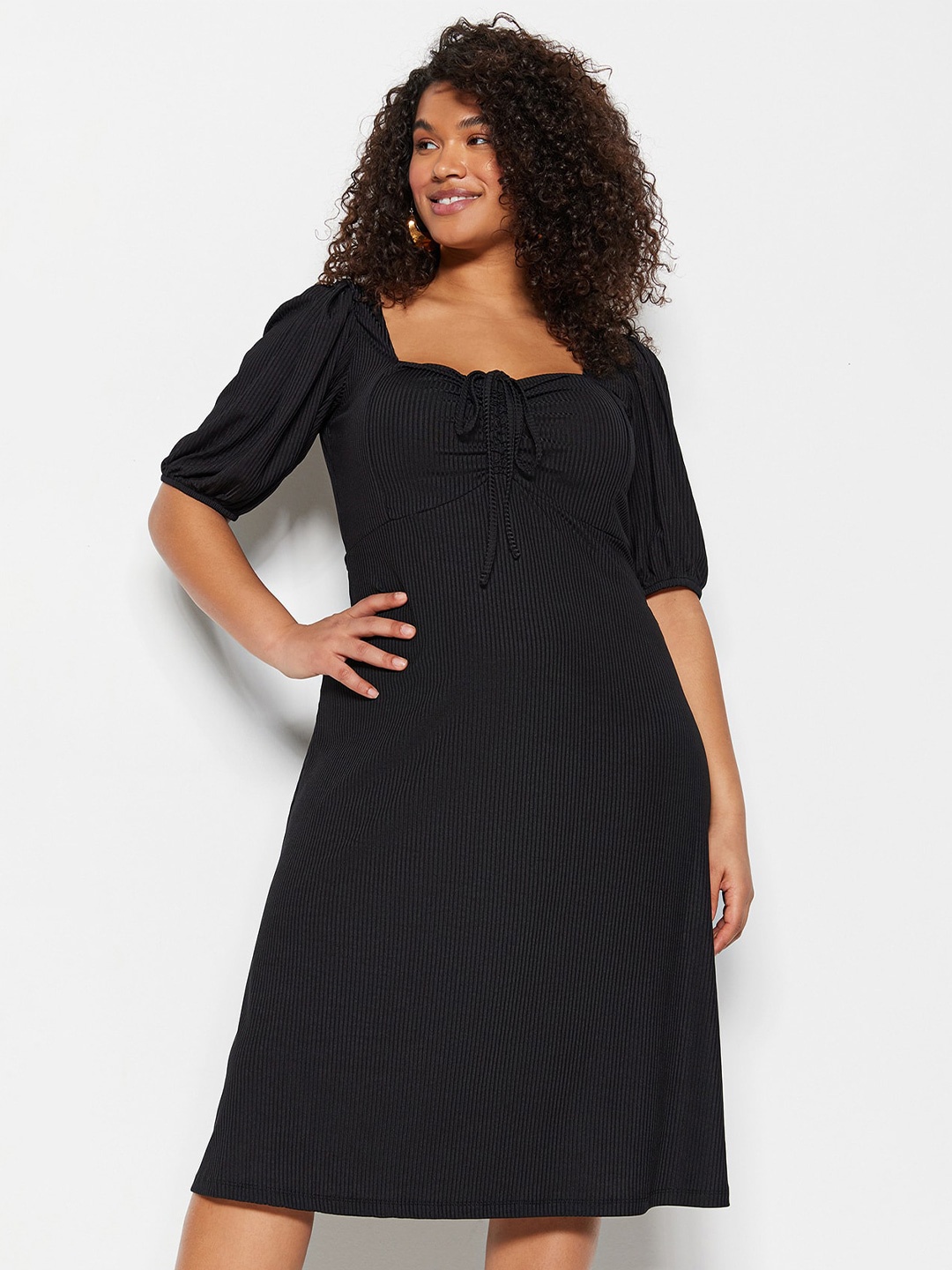 

Trendyol Tie-Up Neck Puffed Sleeves Ribbed A-Line Midi Dress, Black