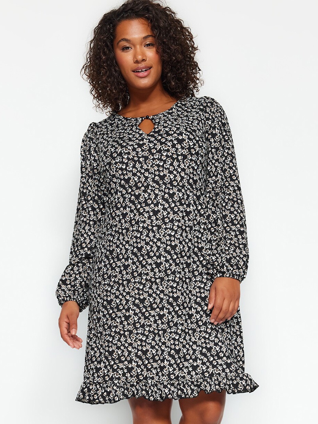 

Trendyol Floral Printed Keyhole Neck A-Line Dress, Black