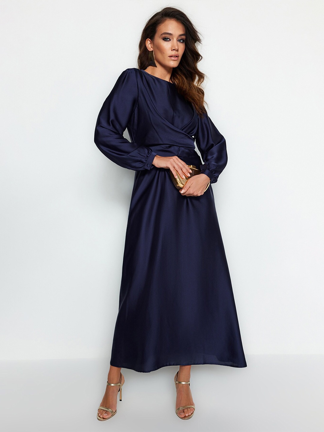 

Trendyol Round Neck Puff Sleeves Maxi Dress, Navy blue