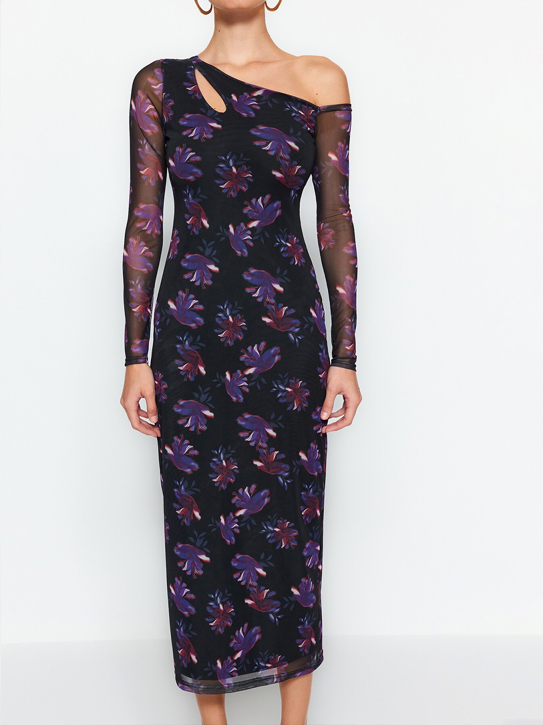 

Trendyol Black Floral Printed Asymmetric Neck Sheath Midi Dress