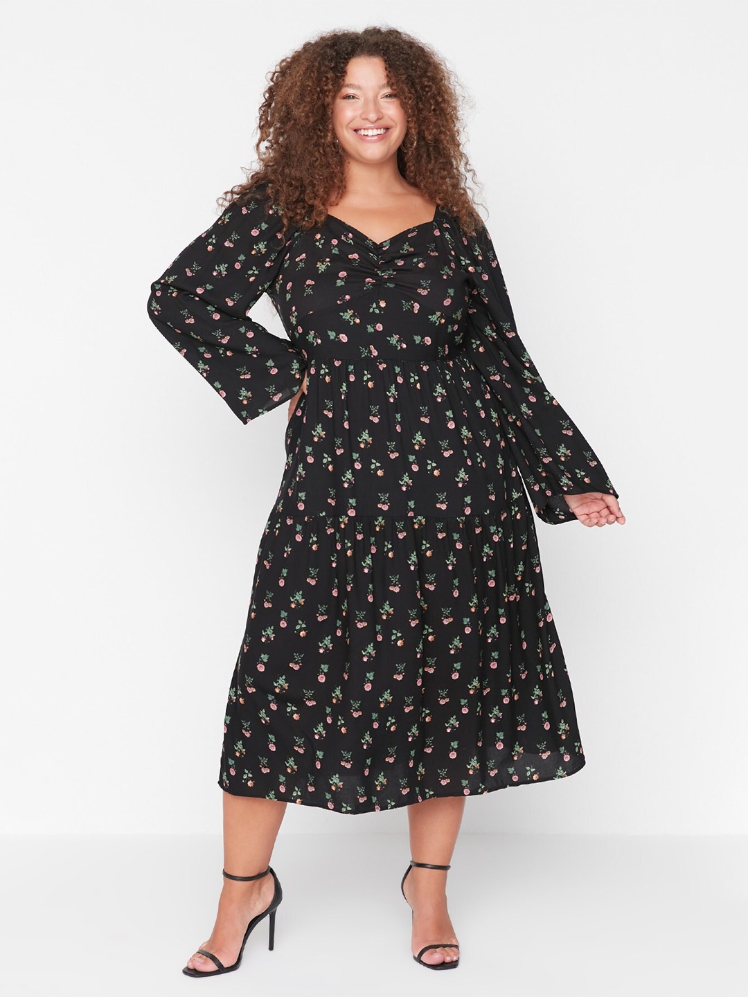 

Trendyol Plus Size Floral Printe Flared Sleeve Fit & Flare Midi Dress, Black