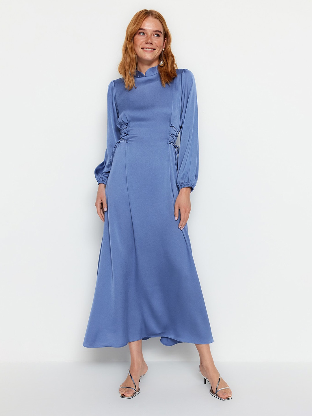 

Trendyol Mock Neck Puff Sleeve Tie-Ups Maxi Dress, Blue