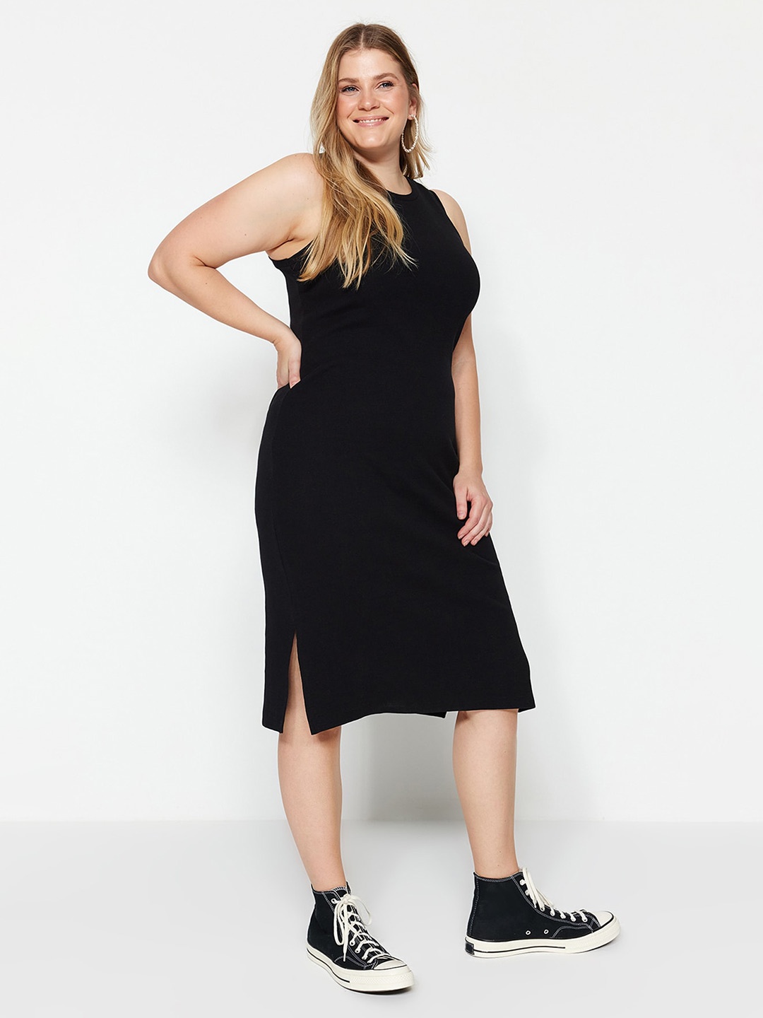 

Trendyol Plus Size Ribbed Sheath Midi Dress, Black