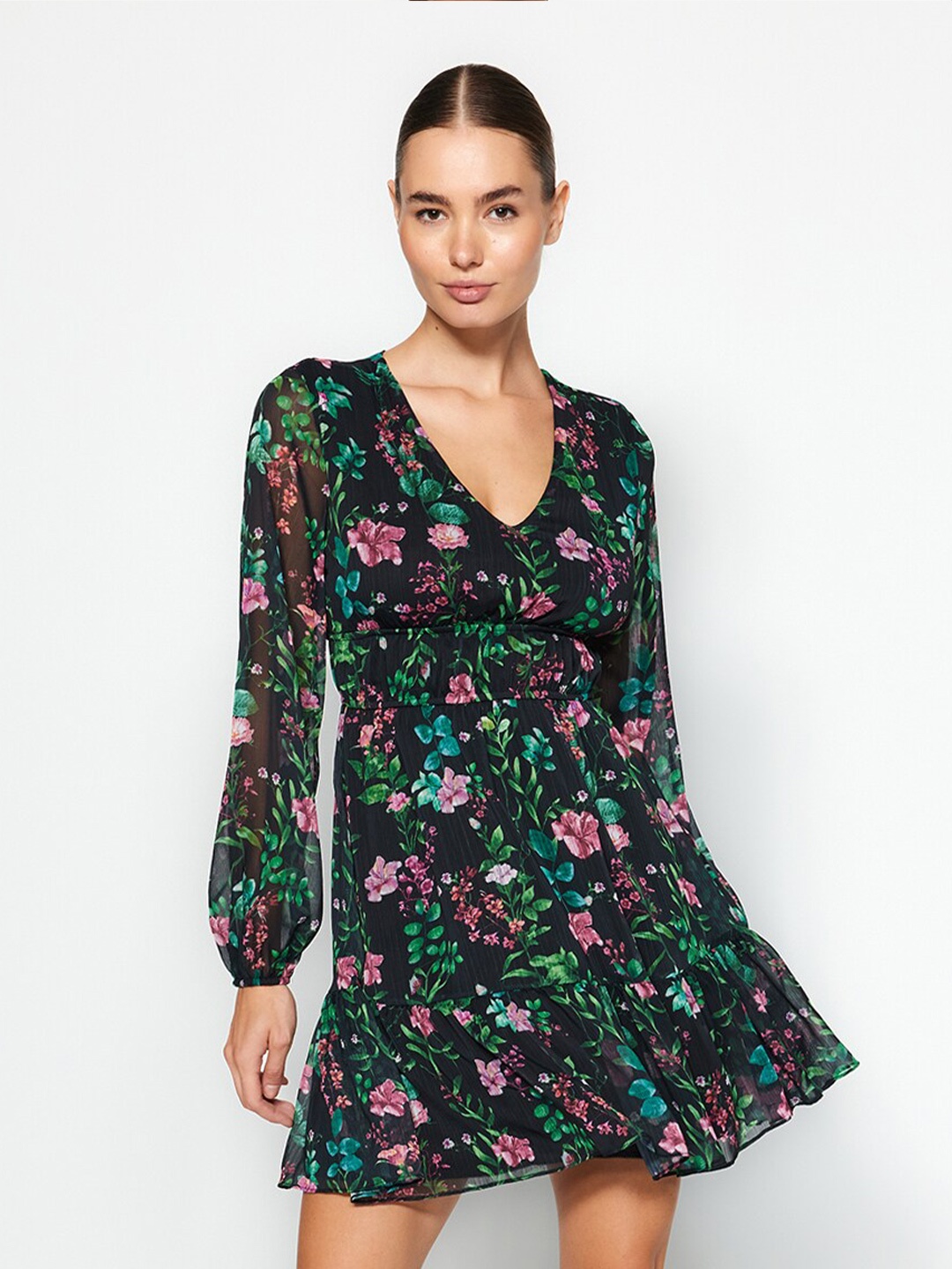 

Trendyol Floral Printed V-Neck Puff Sleeves Fit & Flare Mini Dress, Black