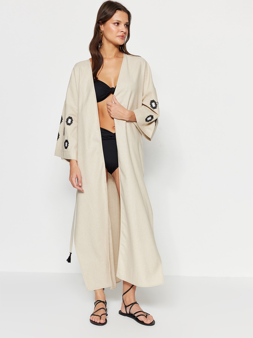 

Trendyol Embroidered Pure Cotton Swimwear Cover Up Dress, Beige