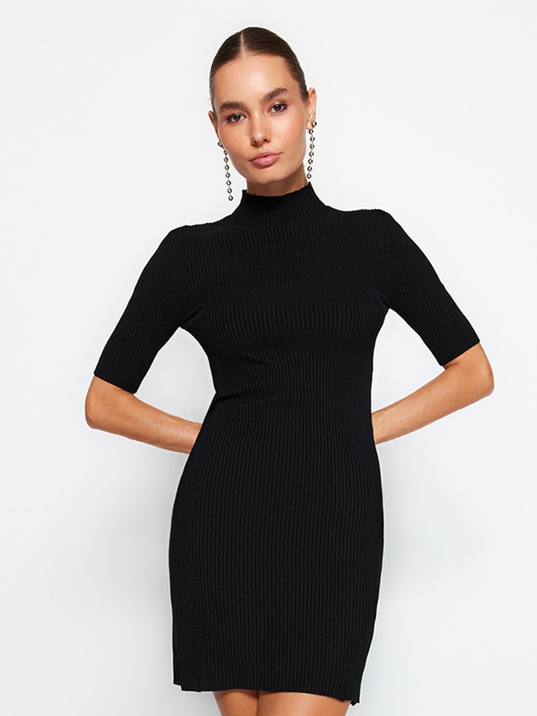 

Trendyol Self Design High Neck Acrylic Bodycon Dress, Black