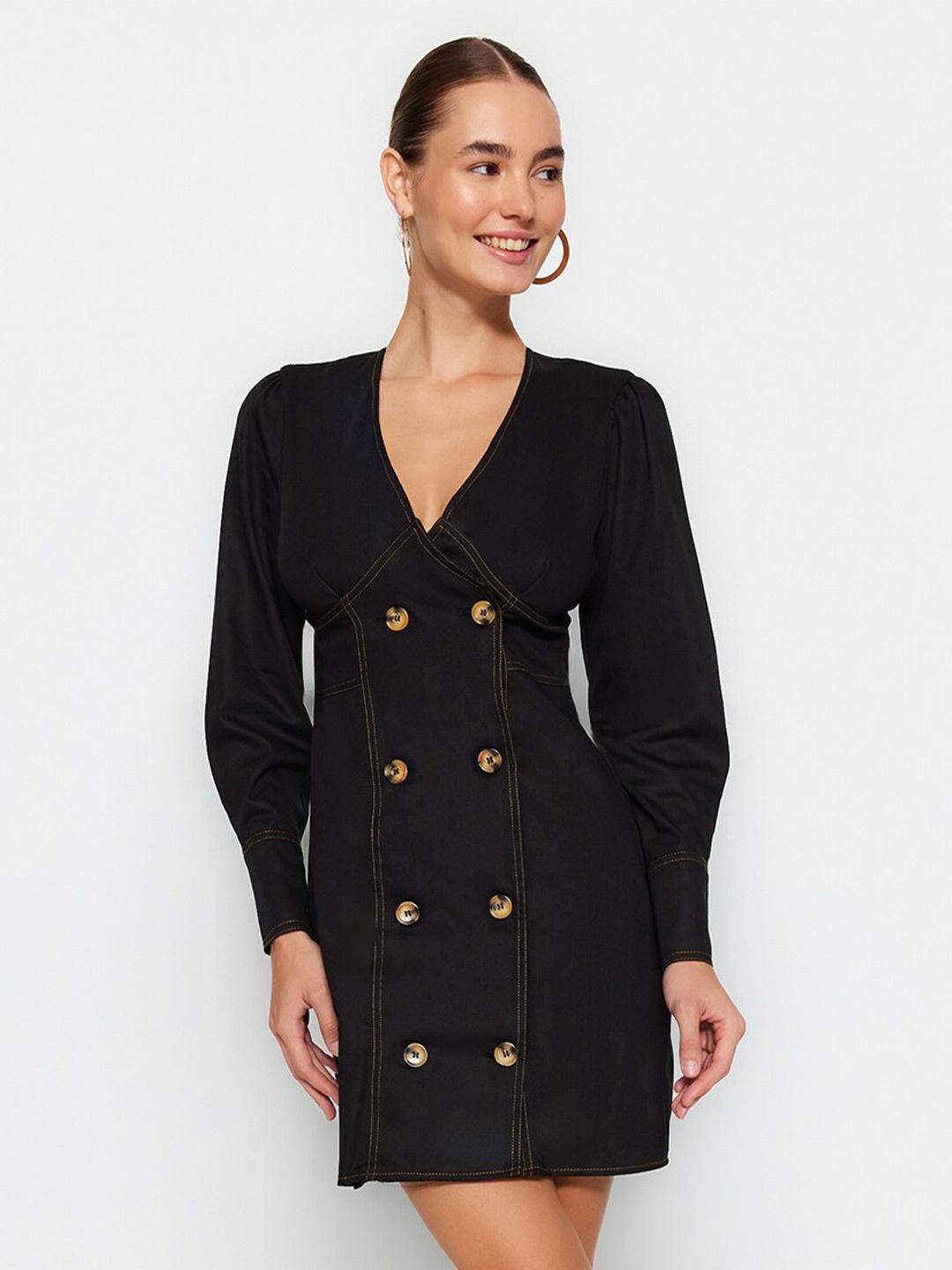 

Trendyol V-Neck Cuffed Sleeves Pure Cotton Sheath Dress, Black