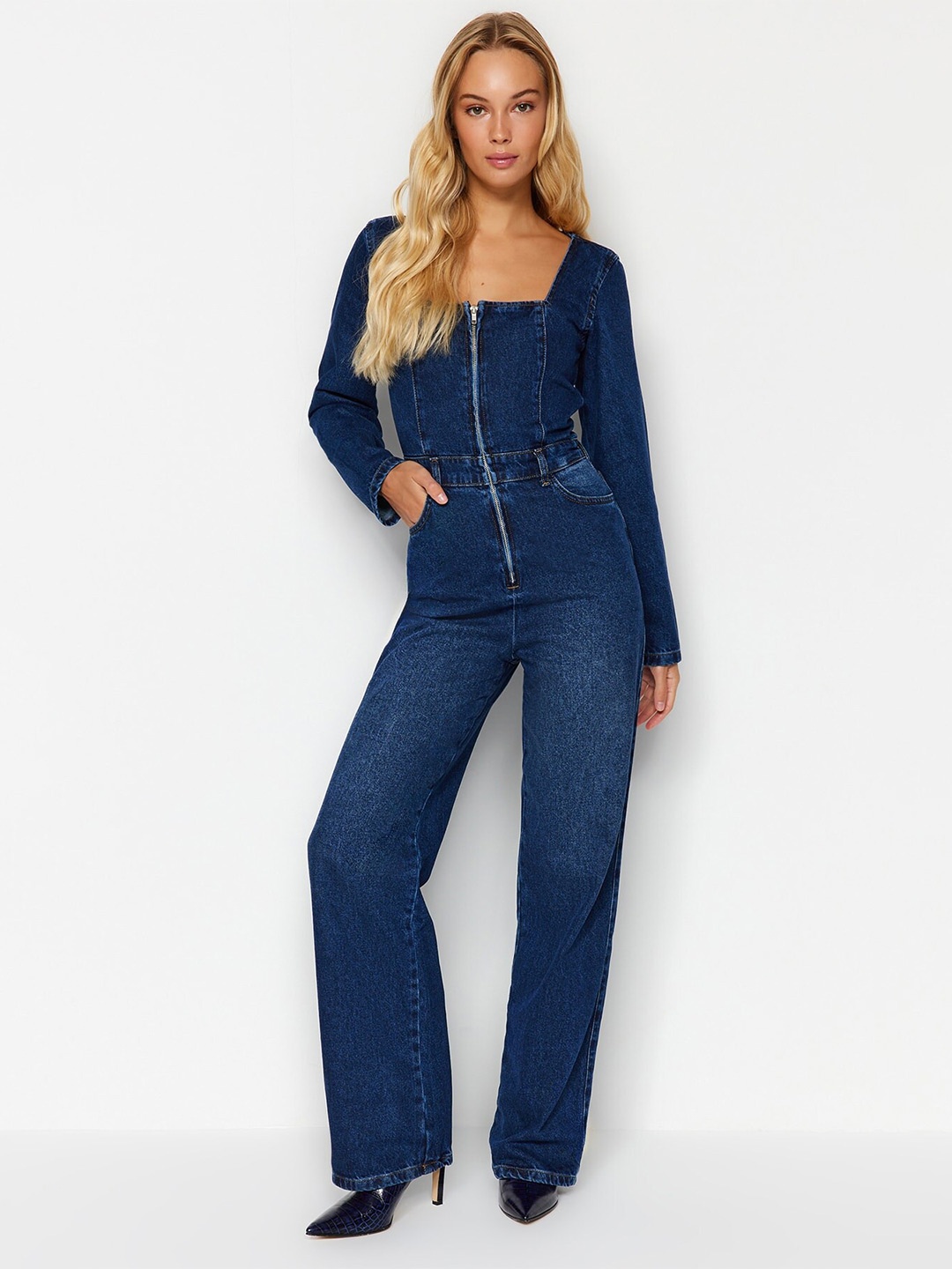 

Trendyol Square Neck Pure Cotton Basic Jumpsuit, Blue