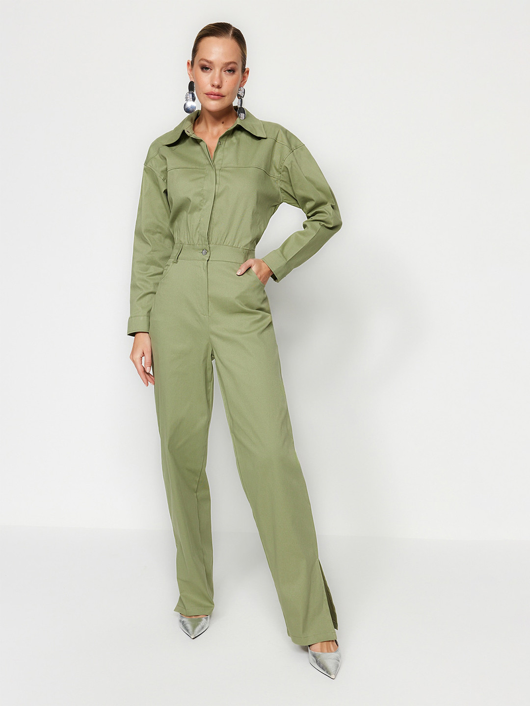 

Trendyol Shirt Collar Long Sleeves Basic Jumpsuit, Green