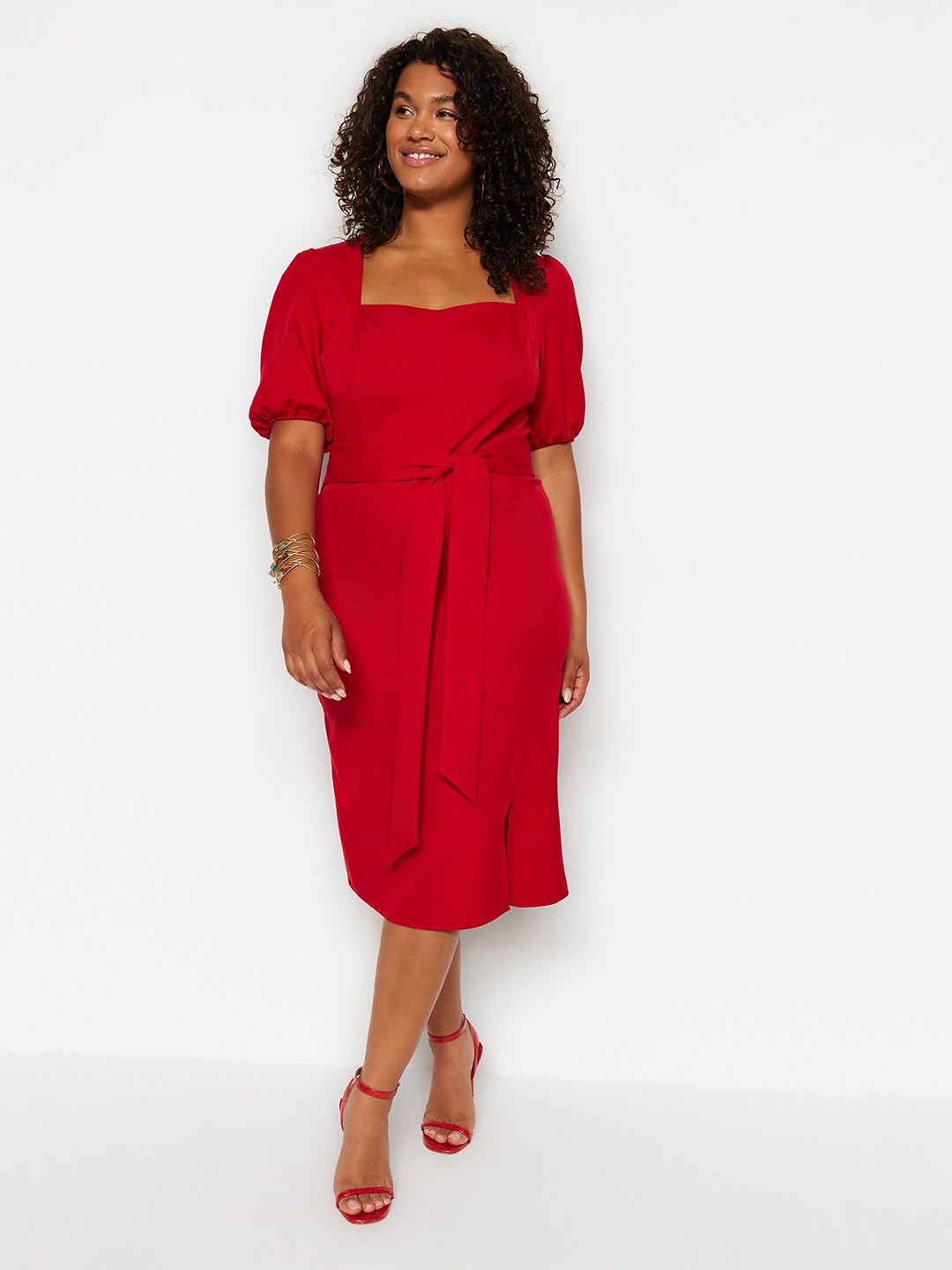 

Trendyol Sweetheart Neck Puff Sleeve Sheath Dress, Red