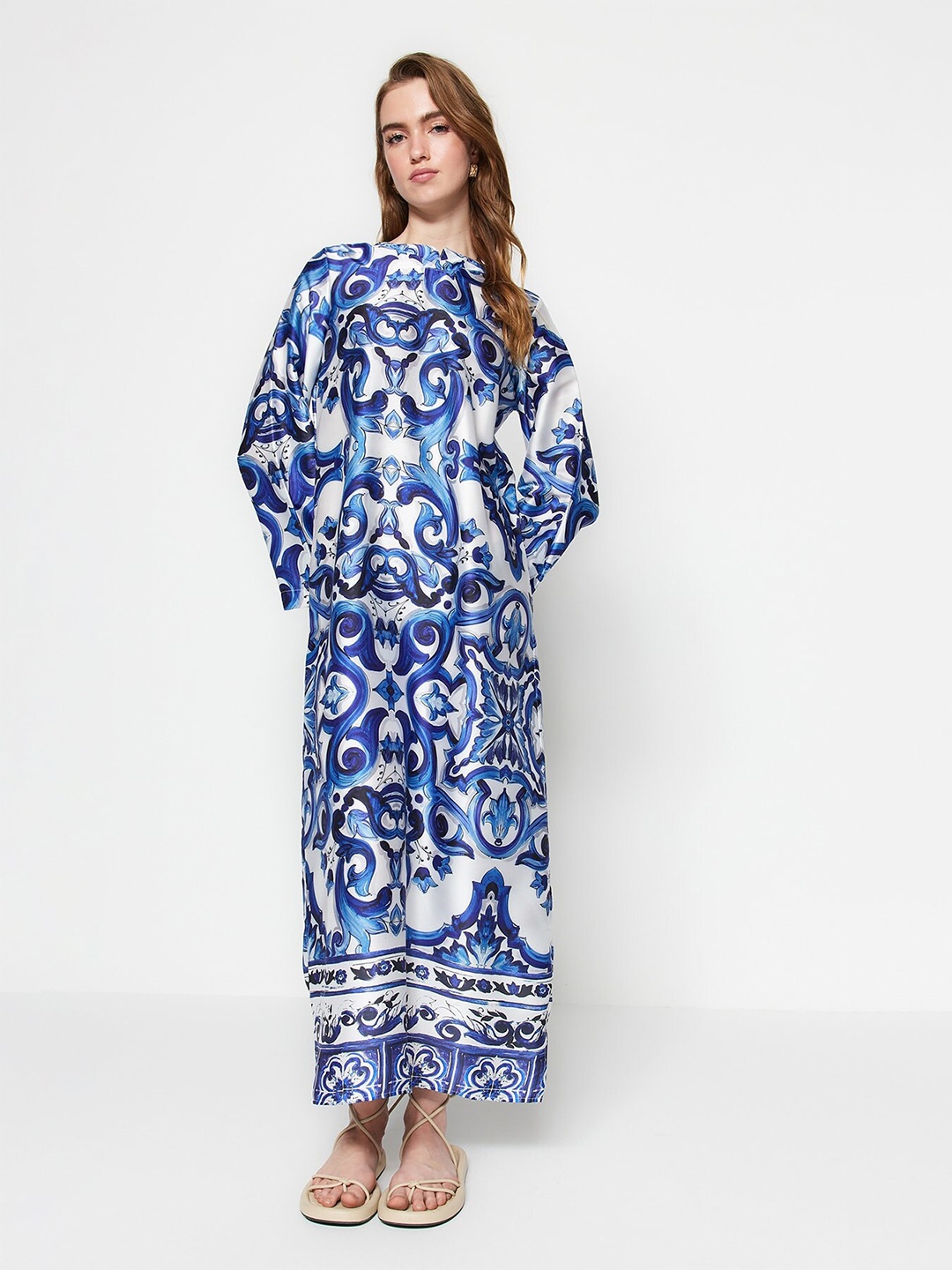 

Trendyol Ethnic Motifs Print Flared Sleeve Maxi Dress, Blue