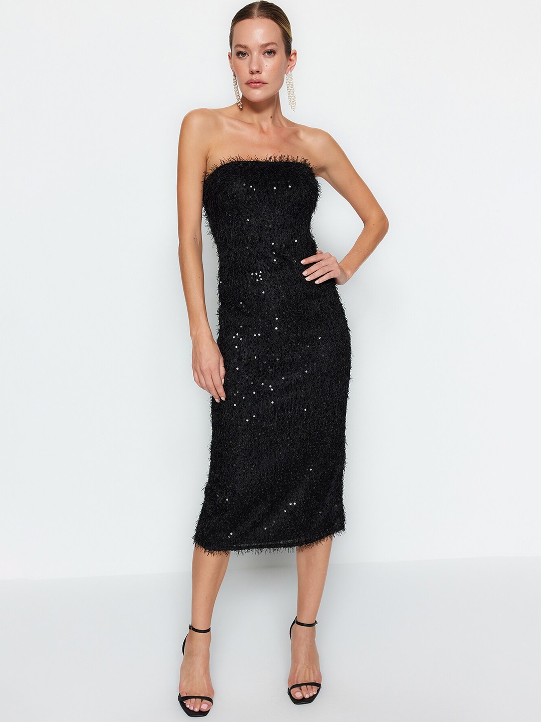 

Trendyol Embellished Strapless Sheath Dress, Black