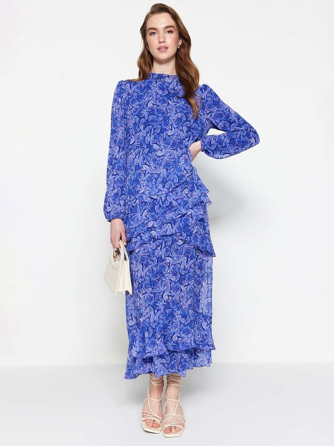 

Trendyol Floral Printed High Neck Maxi Dress, Blue