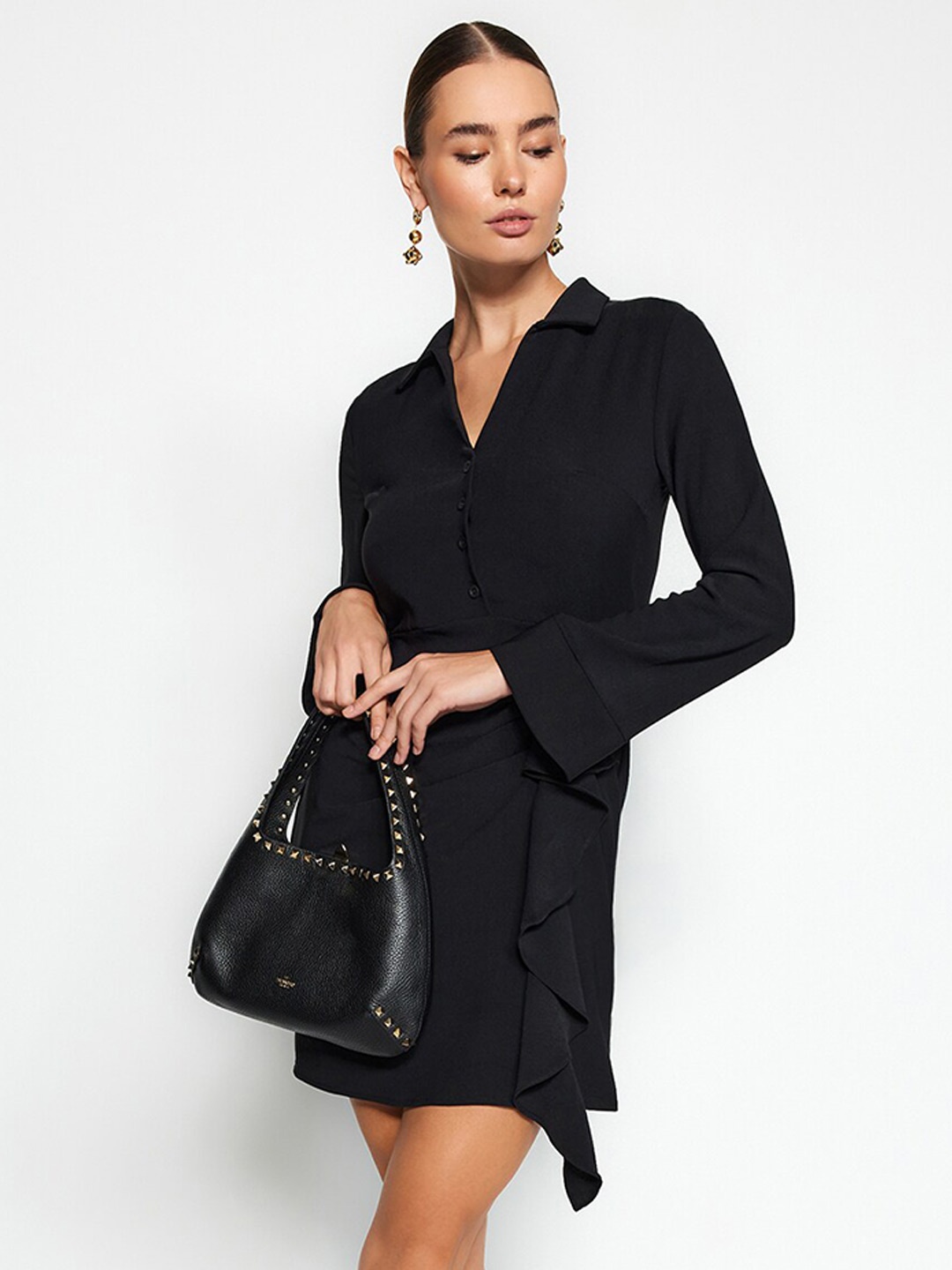 

Trendyol Shirt Collar Flared Sleeves Ruffles Fit & Flare Dress, Black