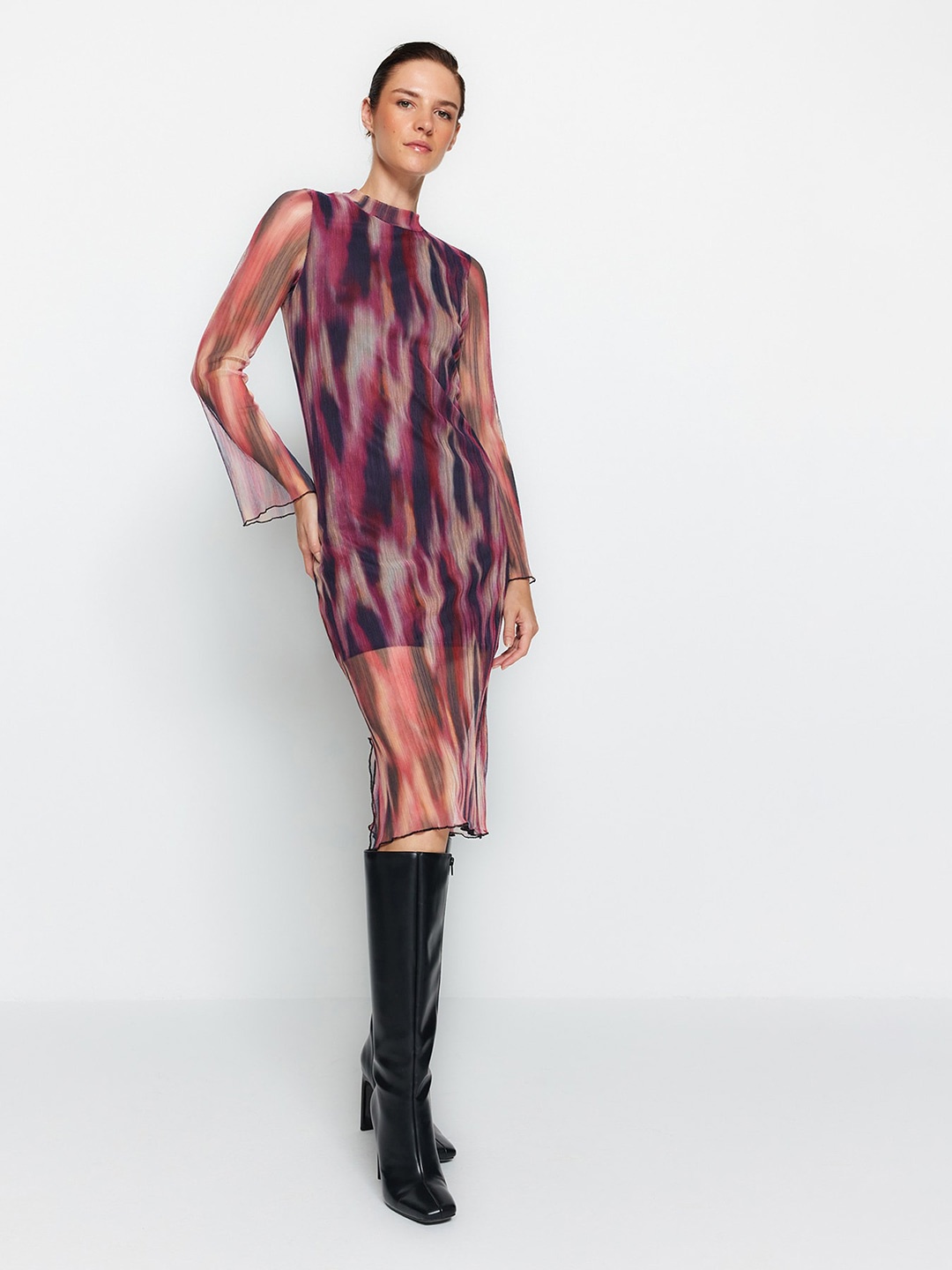 

Trendyol Abstract Printed High Neck Flared Sleeves Sheath Dress, Black