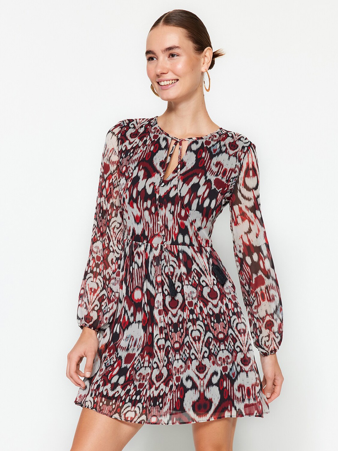

Trendyol Abstract Printed Tie-Up Neck Puff Sleeve Fit & Flare Dress, Burgundy