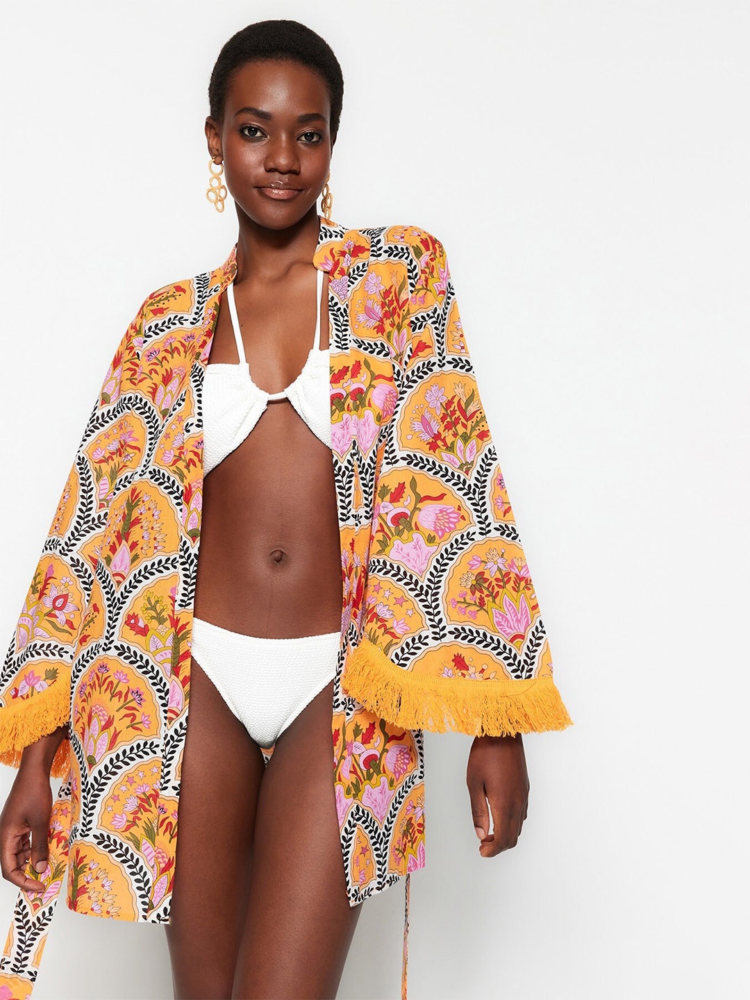 

Trendyol Floral Printed Mandarin Collar Long Sleeves Swimwear Cover up Top, Mustard