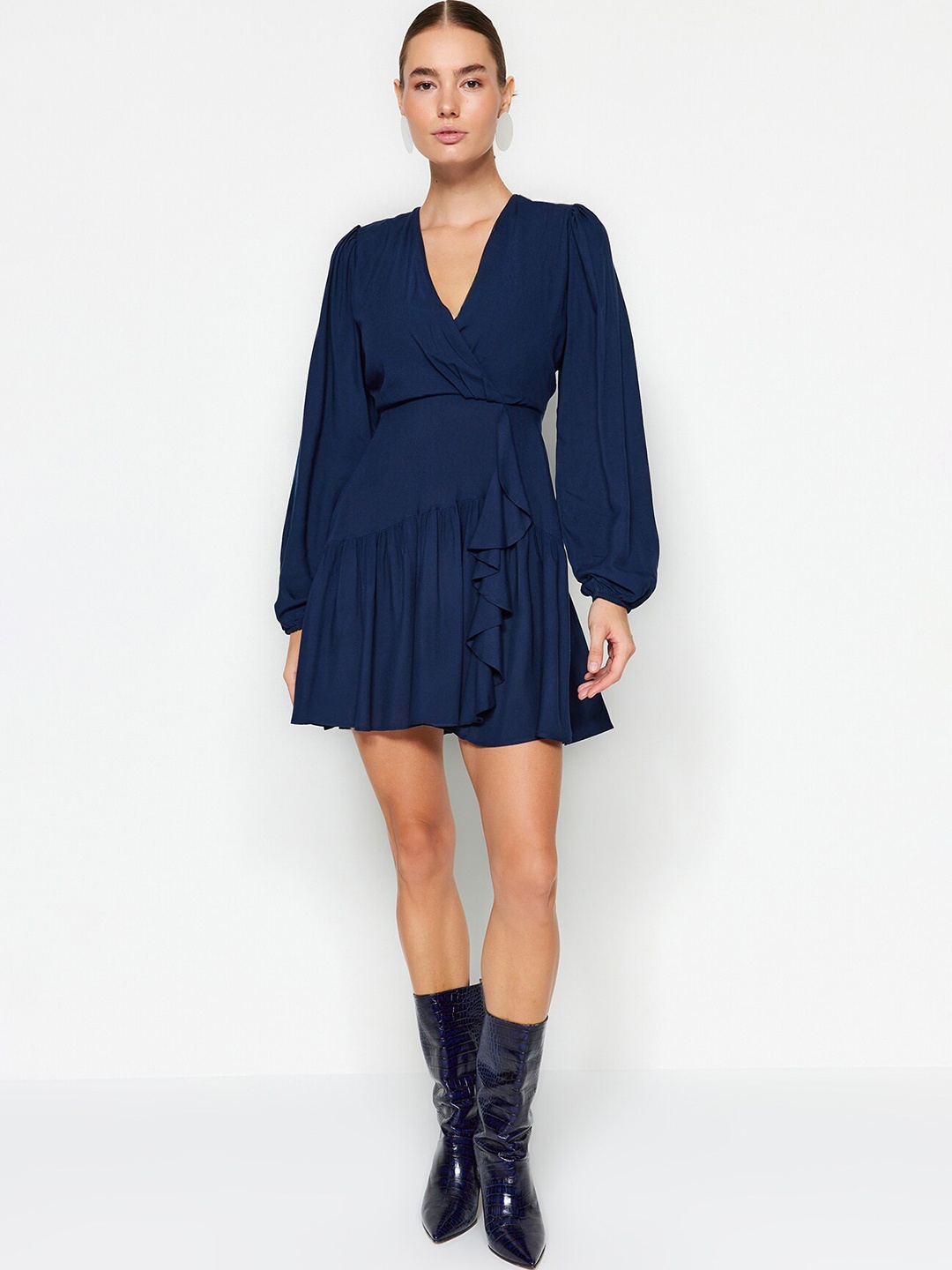 

Trendyol V-Neck Fit & Flare Mini Dress, Navy blue