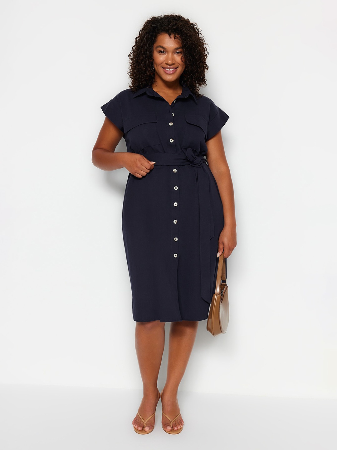 

Trendyol Shirt Collar Extended Sleeves Belted Cotton Sheath Dress, Black