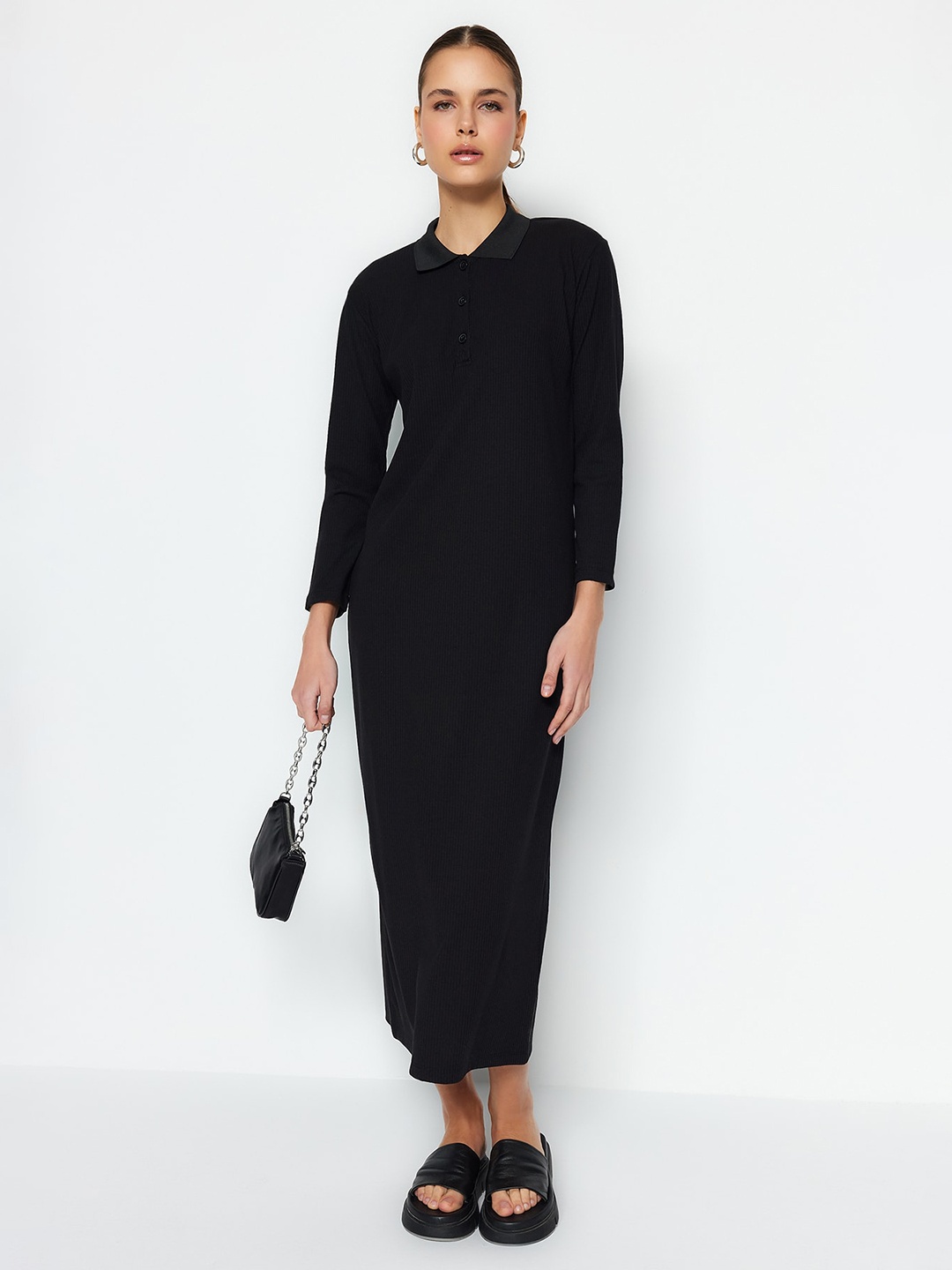 

Trendyol Shirt Collar Sheath Maxi Dress, Black