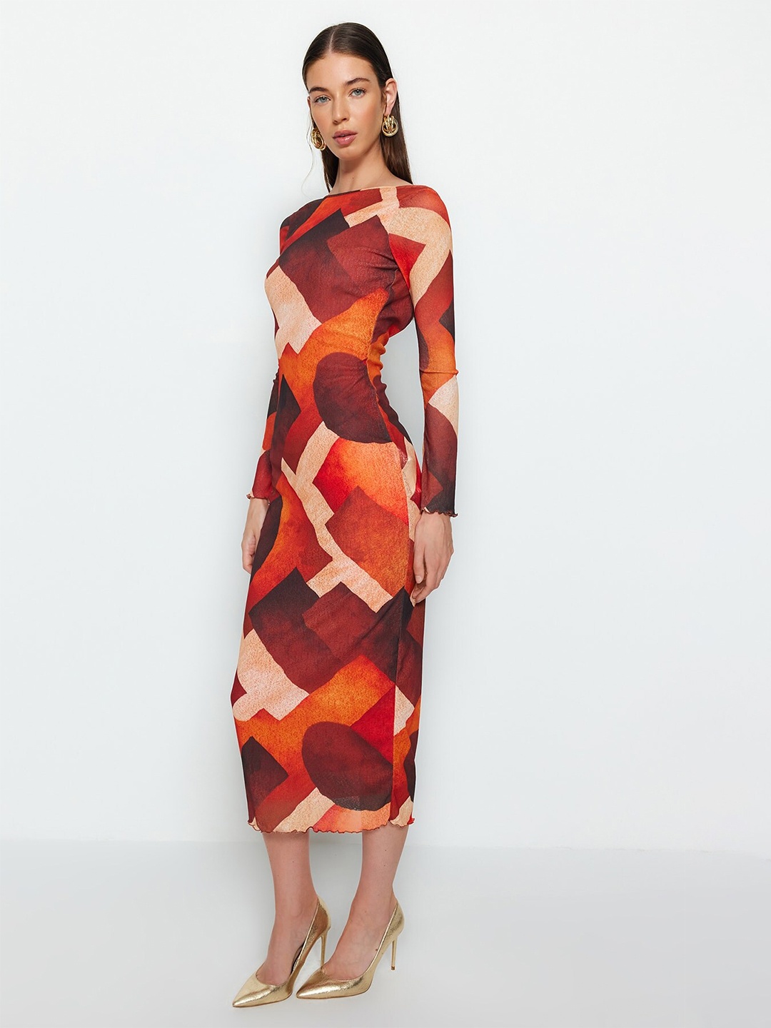 

Trendyol Geometric Printed Sheath Midi Dress, Orange