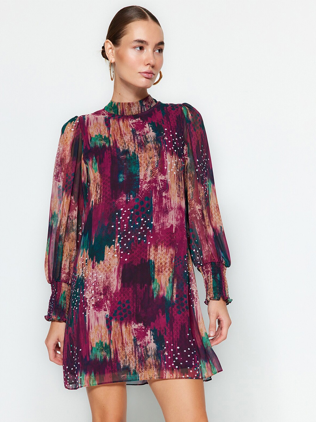 

Trendyol Printed Smocked A-Line Mini Dress, Brown