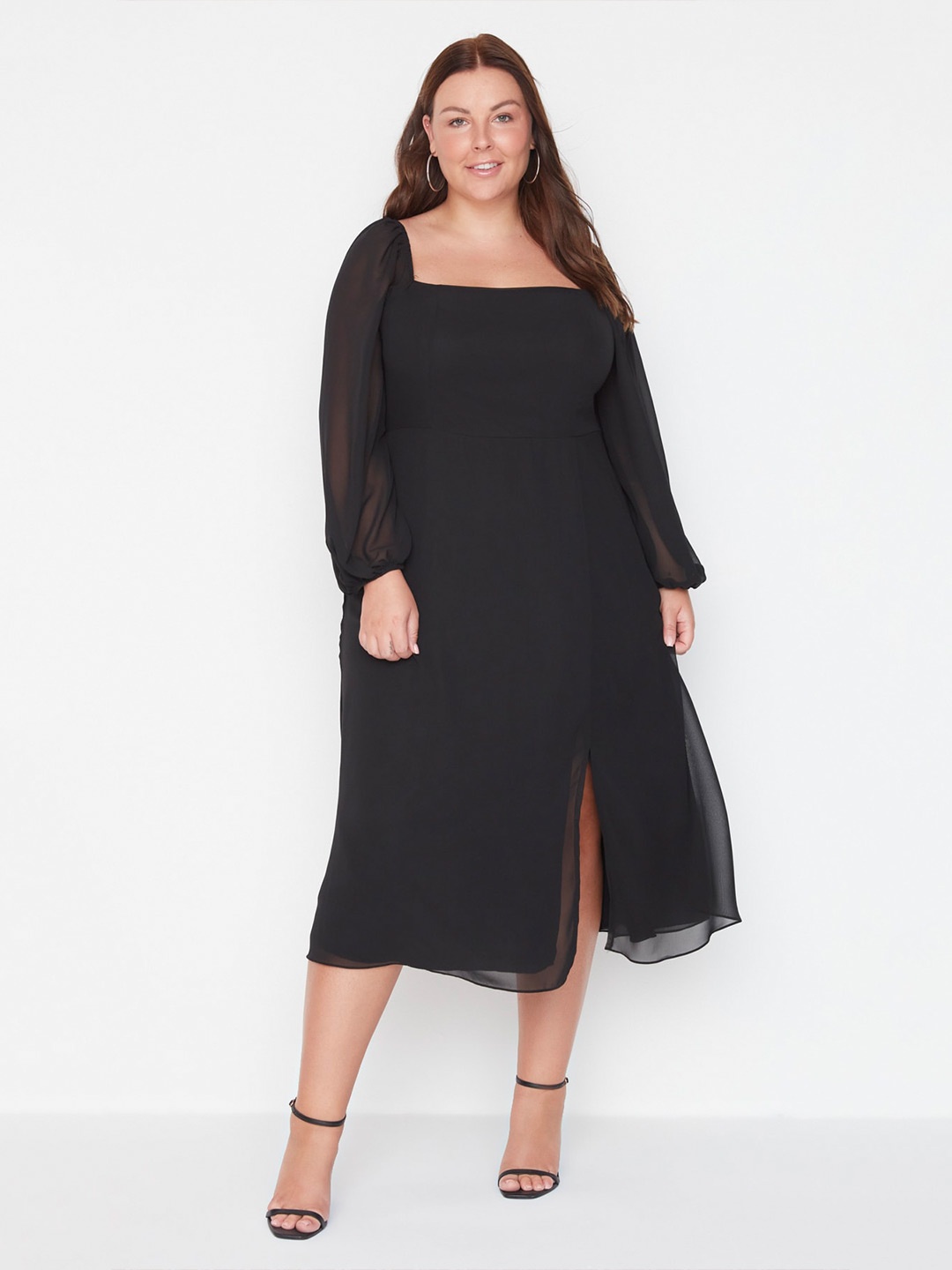 

Trendyol Square Neck Cuffed Sleeves Gathered A-Line Midi Dress, Black