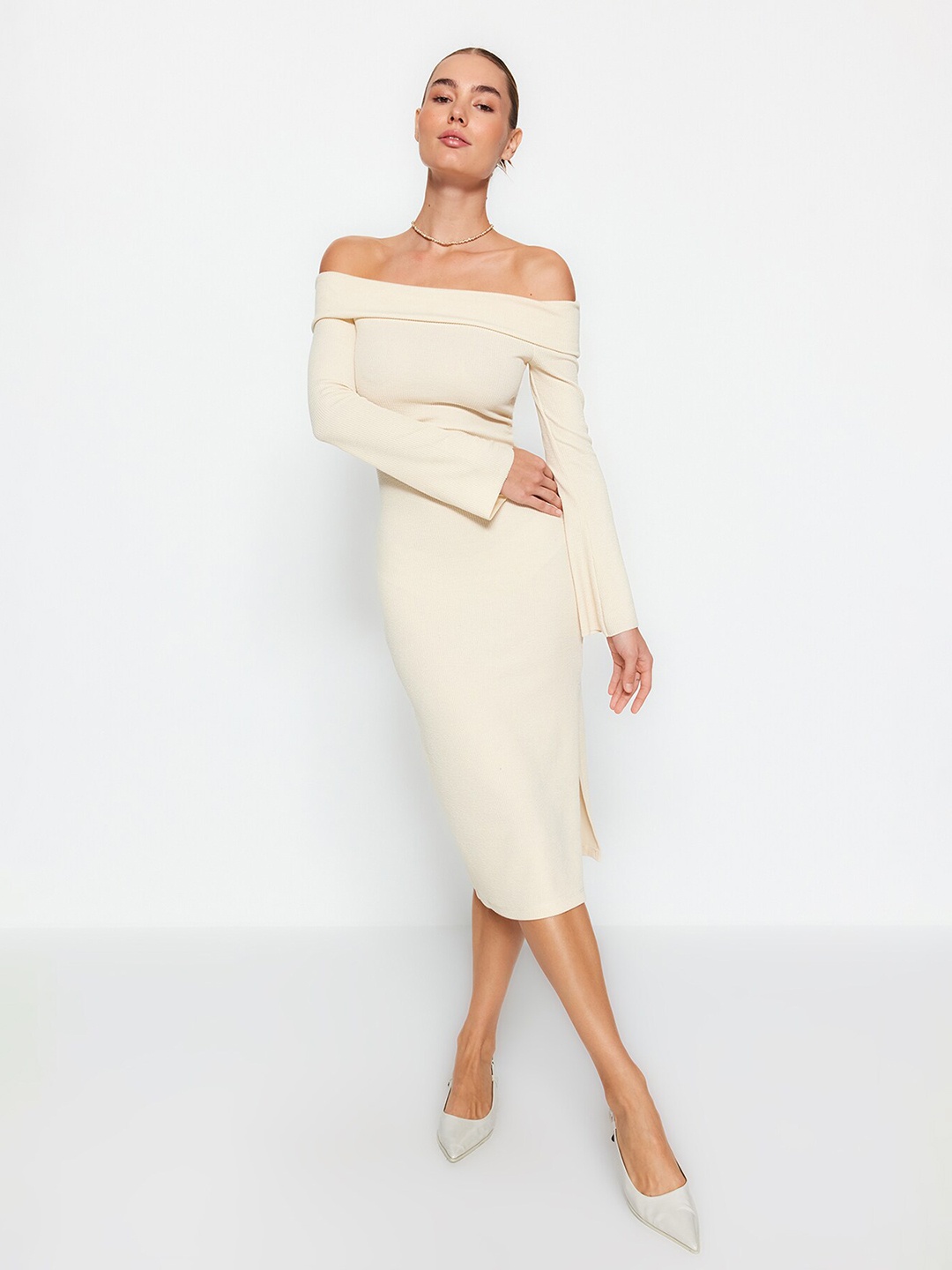 

Trendyol Off-Shoulder Ribbed Sheath Midi Dress, Beige