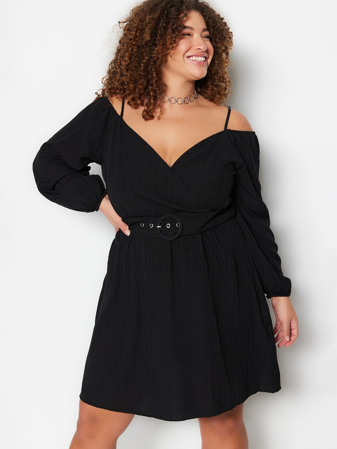 

Trendyol Plus Size Puff Sleeve Fit & Flare Dress With Belt, Black