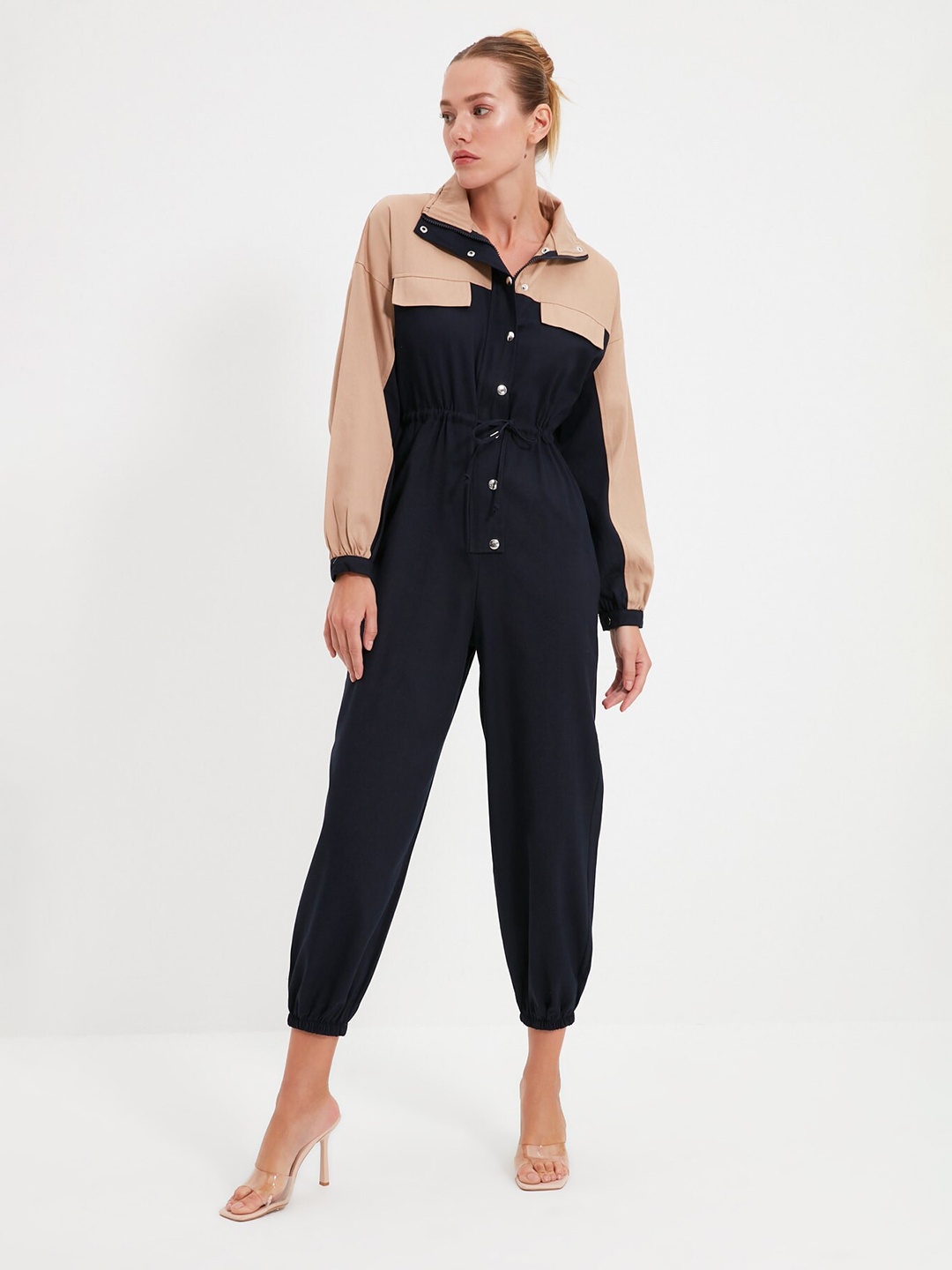 

Trendyol Puff Sleeve Shirt Collar Colorblocked Cotton Jumpsuit, Navy blue