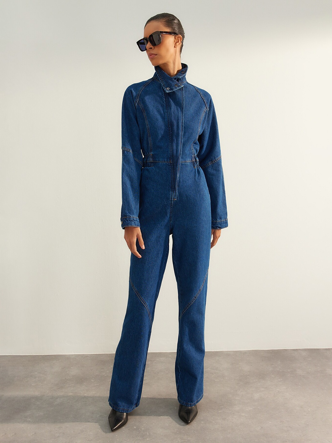 

Trendyol Mock Collar Cotton Basic Jumpsuit, Blue