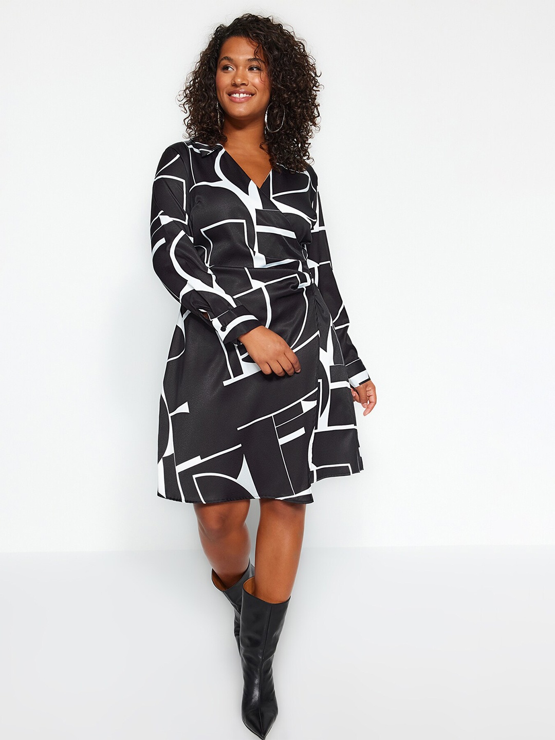 

Trendyol Abstract Printed Shirt Collar Wrap Dress, Black