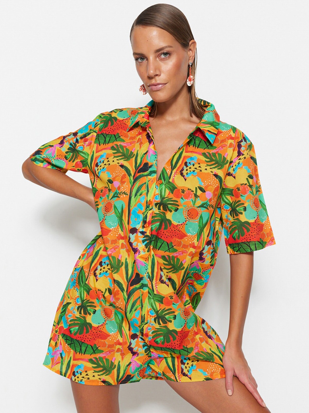 

Trendyol Tropical Printed Pure Cotton Shirt Style Dress, Orange