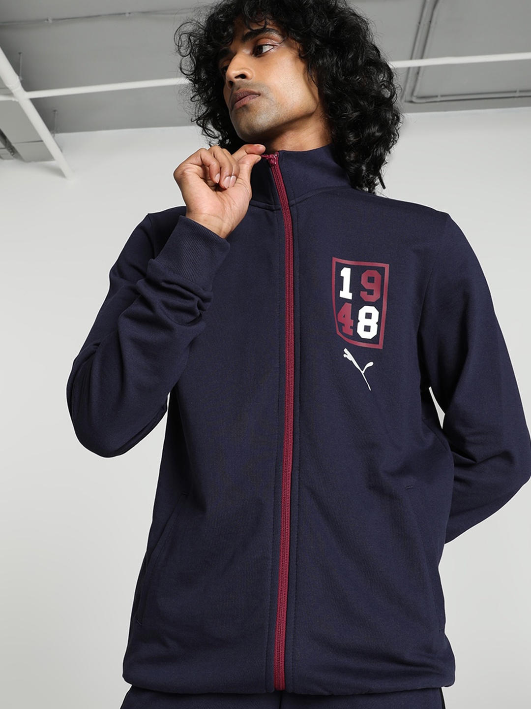 

Puma Graphic Full-Zip Slim Fit Stand Collar Cotton Sporty Jacket, Navy blue