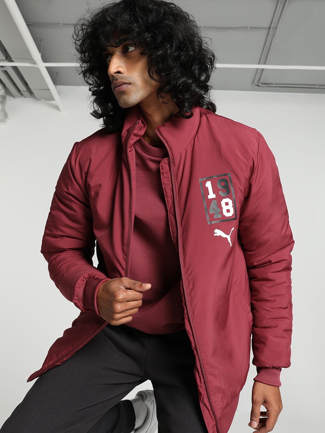 

Puma Graphic Slim-Fit Mock Collar Bomber Jacket, Red