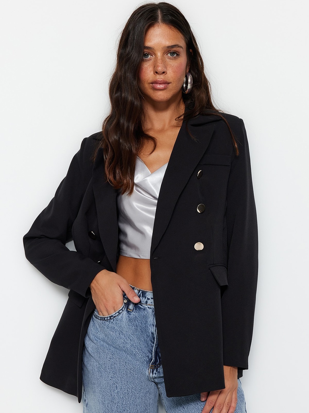 

Trendyol Notched Lapel Collar Double-Breasted Blazer, Black