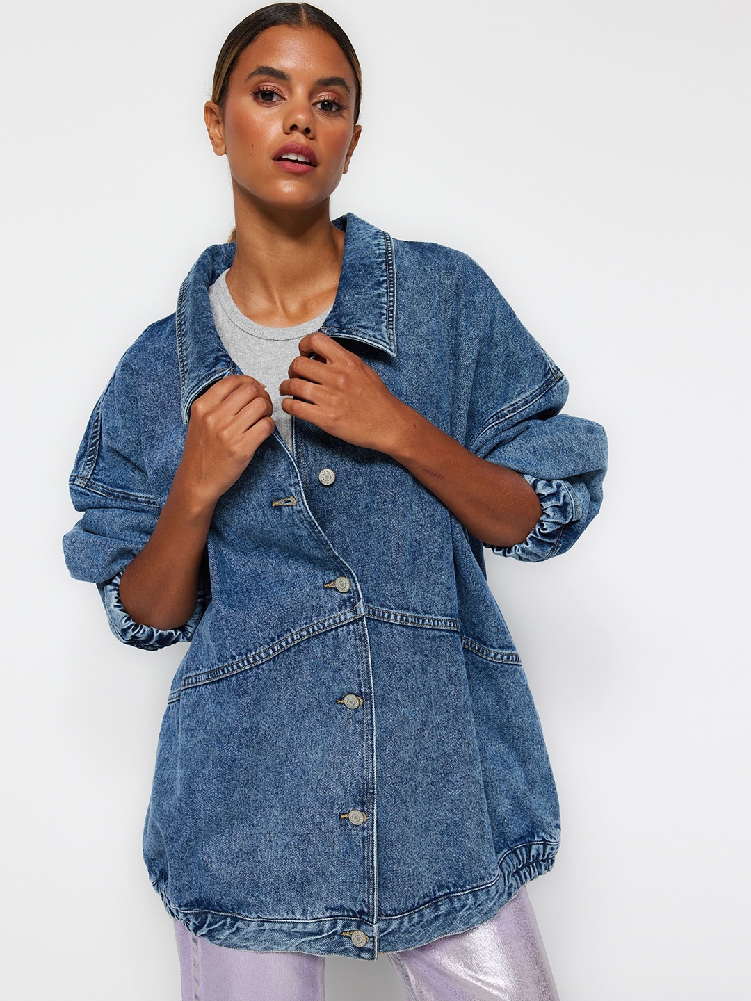 

Trendyol Spread Collar Longline Denim Jacket, Blue