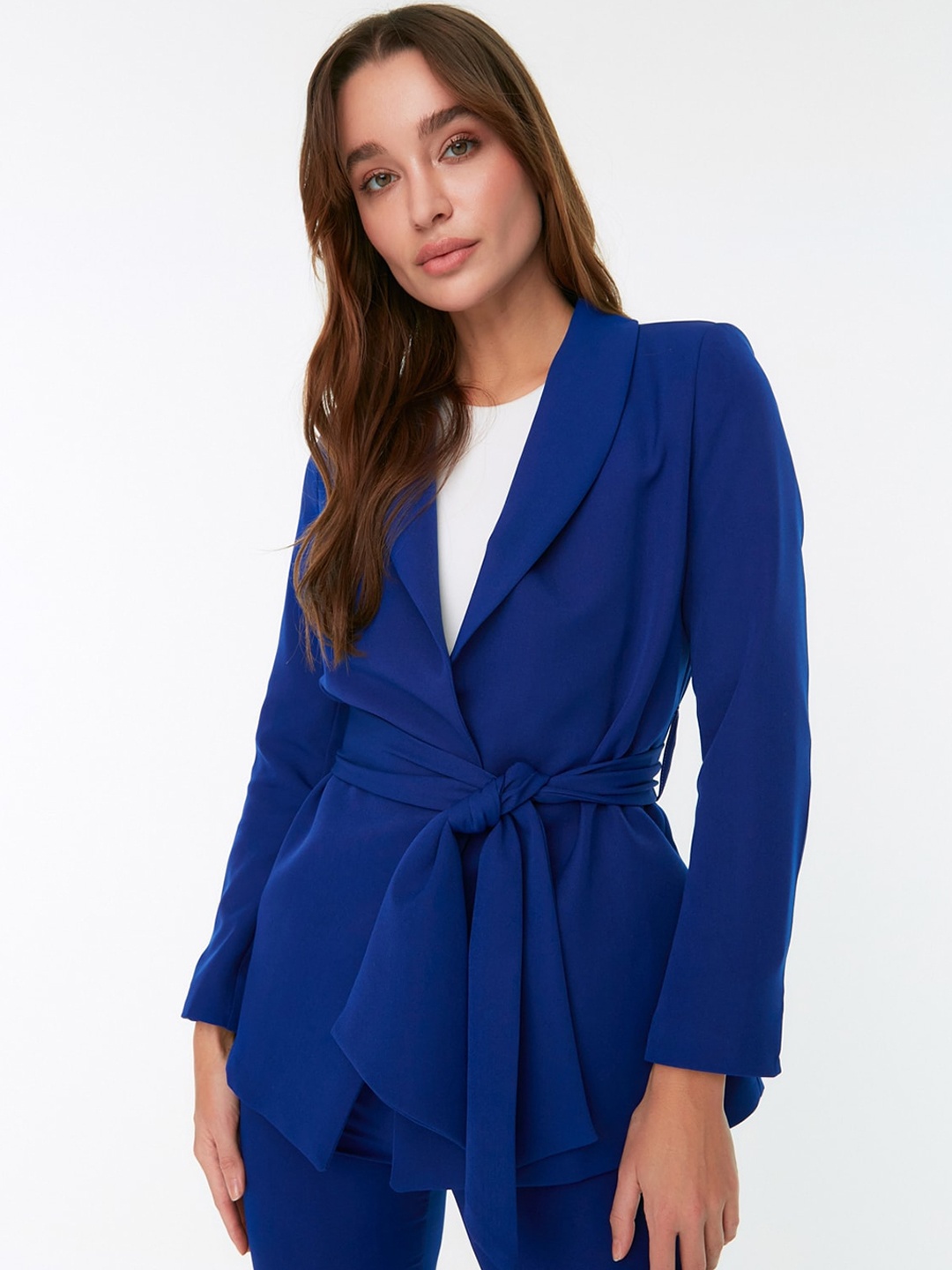 

Trendyol Shawl Collar Wrap Coat With Belt, Blue