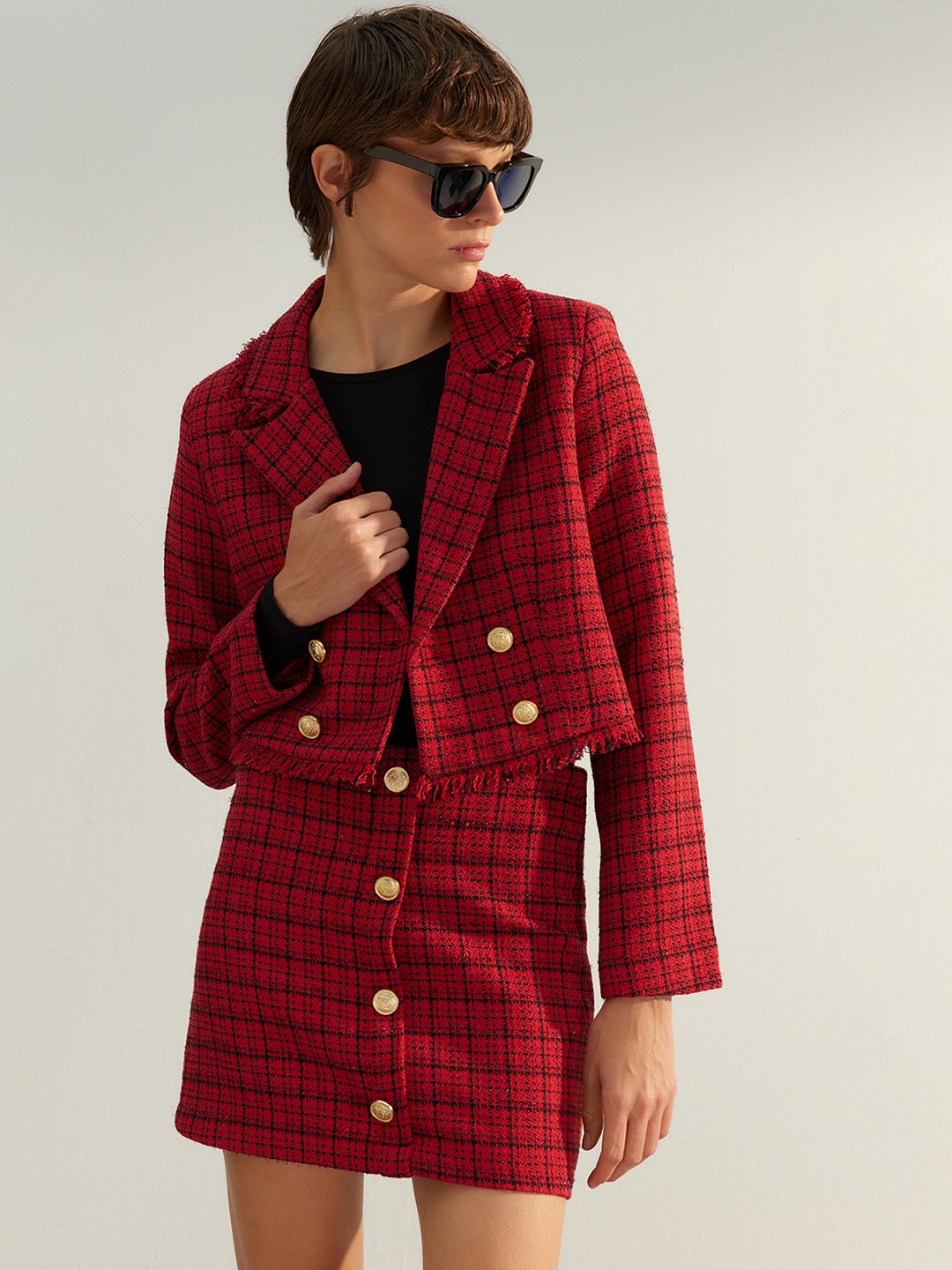 

Trendyol Checked Crop Tailored Jacket, Red