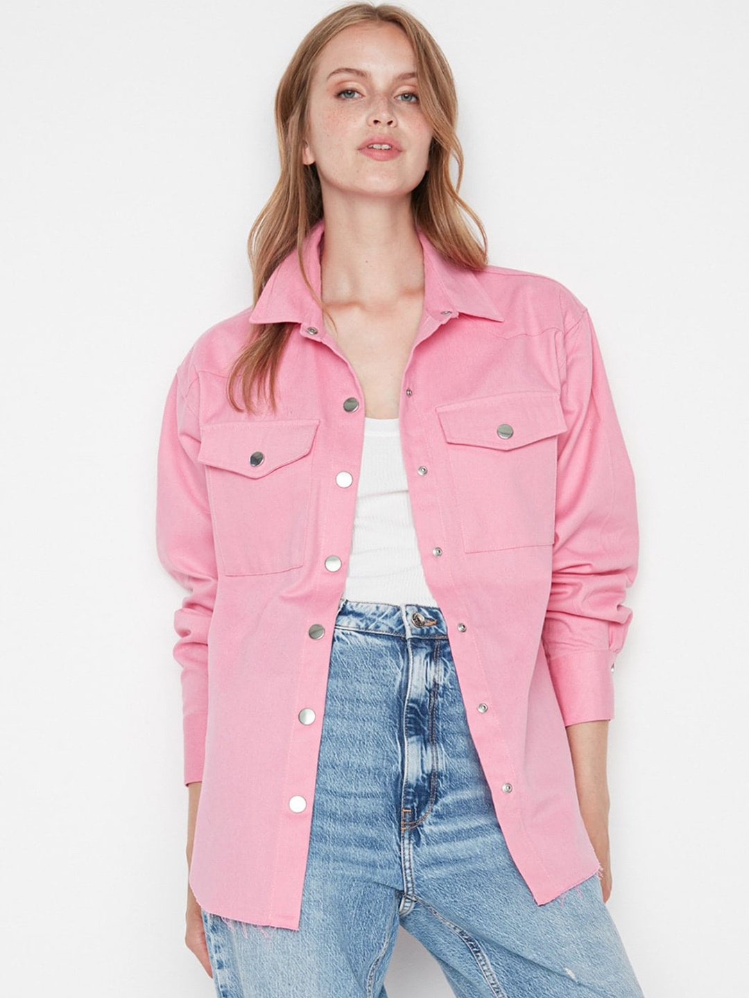 

Trendyol Spread Collar Pure Cotton Casual Shacket, Pink